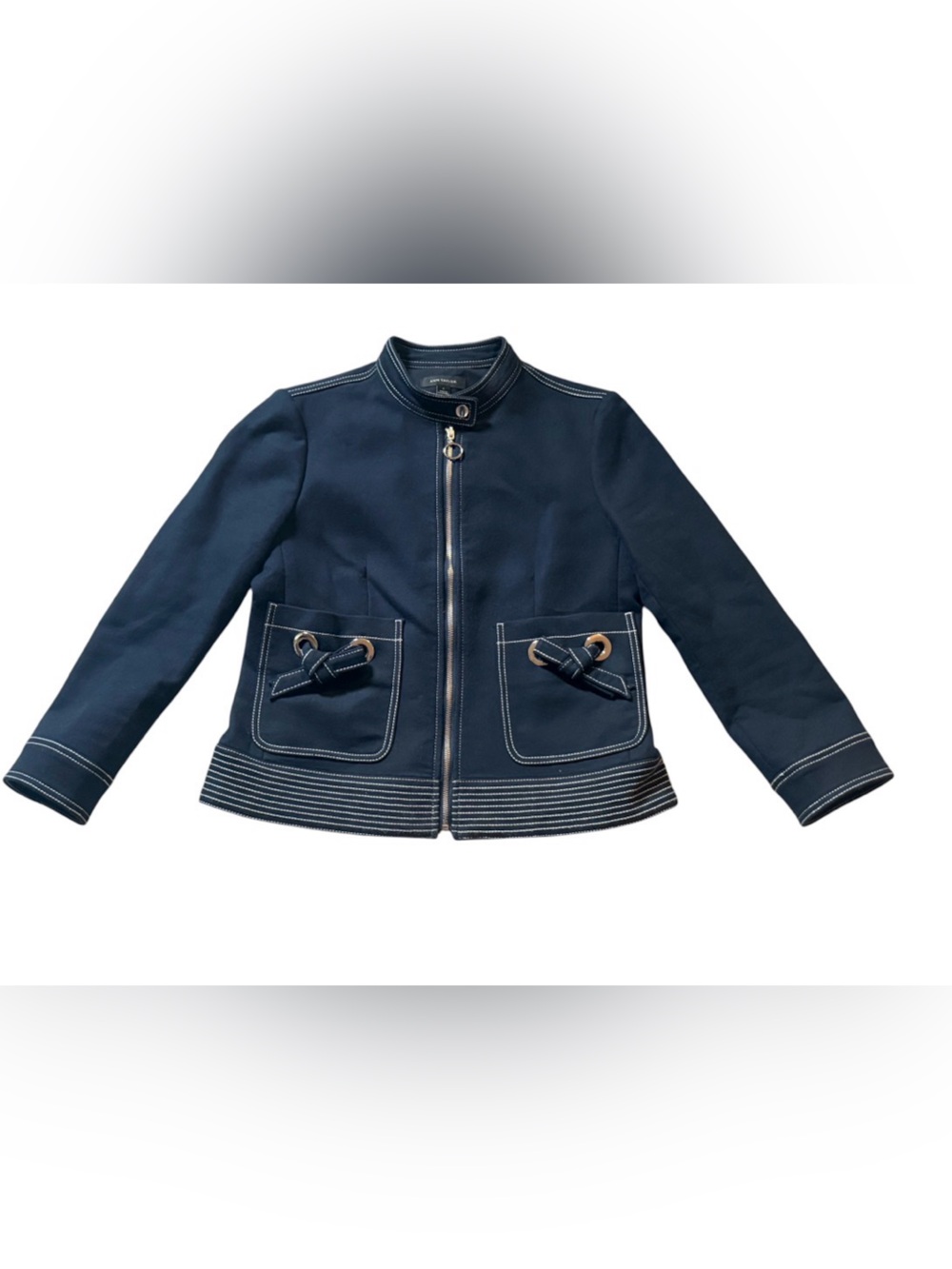 Ann Taylor Navy Zip-Front Blazer Suit Jacket with Stunning Contrast Stitching